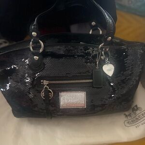 Coach Poppy Black Sequin Satchel Bag with Heart Charm Excellent Condition 🖤